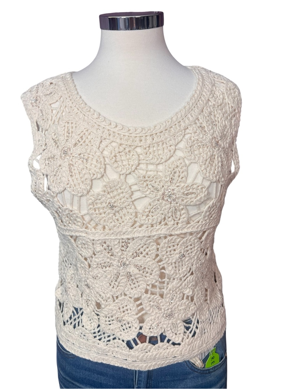 Mermaid Fashion Ivory Floral Crochet knit Sequins Sleeveless Top